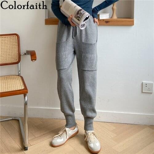 Colorfaith New 2020 Autumn Winter Women Pants Knitting High Waist Wide Leg Pockets Ankle-Length Harem Warm Wild Trousers P1095