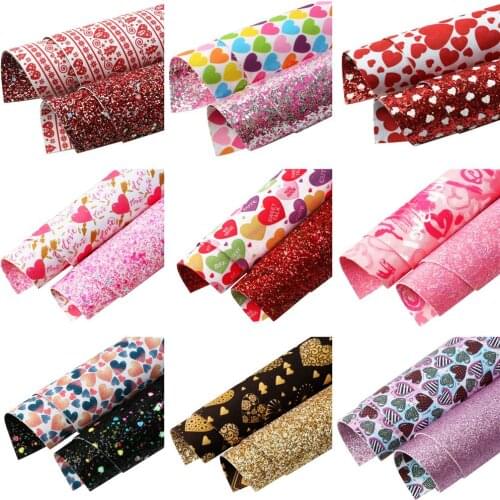 20*33cm Love Heart Valentines Day Series Double Sided Faux Leather Sheets & Fabric Glitter Litchi Bump Texture Sequins Vinyl