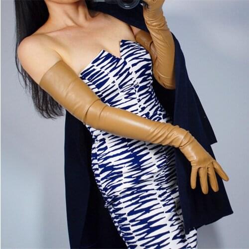 Extra Long Leather Gloves 70cm Long Section Emulation Leather Sheepskin Nude Light Brown Rice Camel Milk Tea Color Female WPU39