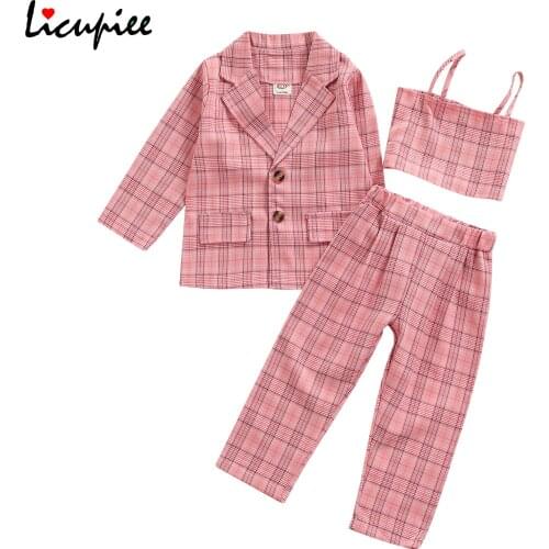 2-7 Years 3pcs Little Girls Outfit, Autumn Leisure Style Plaid Long Sleeve Lapel Suit Tops + Long Pants + Short Camisole Set