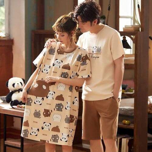 New Kawaii Pj Set Brown Bear Printing Homesuit Sleepwear Homeclothes Short Sleeve Cotton Pajamas Couple Casual Loungewear Summer
