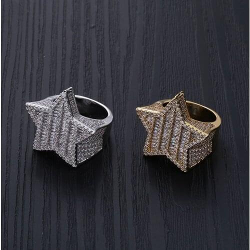 New Design, Gold Color Plated Ring, Iced Out Micro Paved Zircon, Hip Hop Pentagon Finger Ring for Men