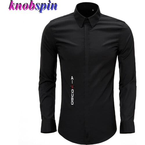Solid Slim Business male Dress shirt 2019 Brand Social men shirts Long sleeve Bee Embroidery Chemise homme Plus size 4XL Shirts