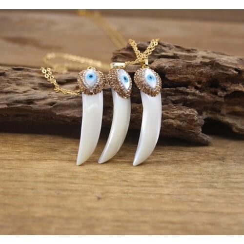 Natural Shell Pave Rhinestone Evil Eye Horn Pendants Gold Plated Necklace,White Shell Charms For Women Jewelry Dropship,QC3078