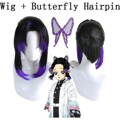 Anime Demon Slayer Kimetsu no Yaiba Kochou Shinobu Cosplay Wig Heat Resistant Synthetic Wigs + Wig Cap + Butterfly Hairpin +Cap
