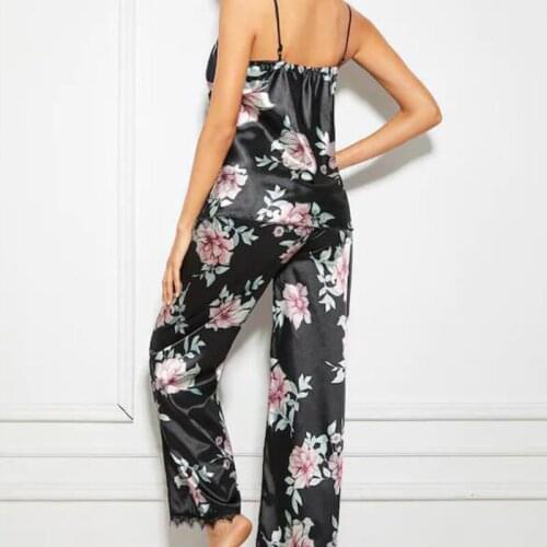 Pajama Set Sexy Satin Lace V-Neck Pyjamas Women Loungewear Sleepwear Sleeveless Camis Top Pants Femme