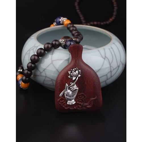 Carved auspicious clouds vintage necklace, fashion lucky bag ethnic necklace, Black Rosewood oval pendants necklace