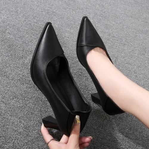 Black High Heels Women Pumps Sexy Office Work Wedding Shoes Pointed Toe Dress Slip On Genuine Leather Shallow Single Shoes PW103