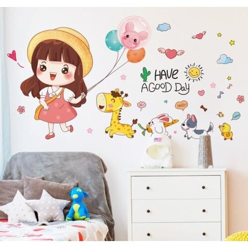 Cartoon Girl Wall Sticker DIY Animals Balloons Mural Decals for Kids Rooms Baby Bedroom Children Nursery Home Decoration