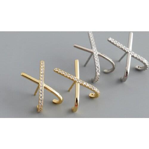 KAMIRA 925 Sterling Silver Gothic Geometric Cross Letter X White Zircon Stud Earrings for Women Charms Birthday Fashion Jewelry