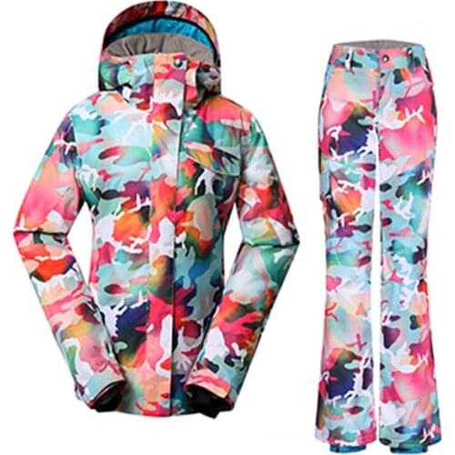 GS Women Snow Wear 10K Waterproof Windproof Skiing Suit Sets Ladys Snowboard Clothing Camouflage Costumes Jacket and Pant Girl