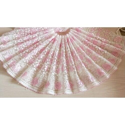 2 Yards Lace Trim Pink Floral Embroidered CreamTulle Lace 9.44" Wide Doll Dress Underwear Costume DIY Craft Supplies