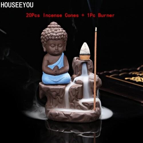20Pcs Incense Cones + 1Pc Burner The Little Monk Small Buddha Censer Ceramic Waterfall Backflow Incense Burner Holder Home Decor