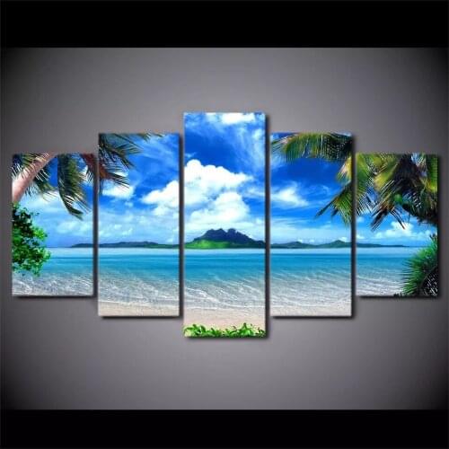 5 Panel Beach Blue Palm Tree DIY 5D Diamond Painting Full Round Mosaic Landscape Diamond Embroidery Multi-Picture Home Decor