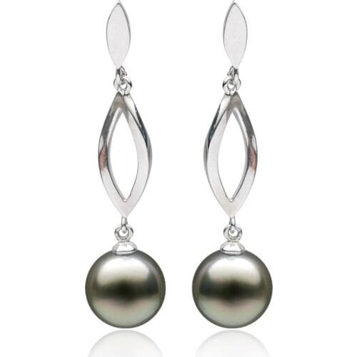 9.8-9.9mm Round Real Tahitian Cultured Pearl Drop Earrings 925 Sterling Silver