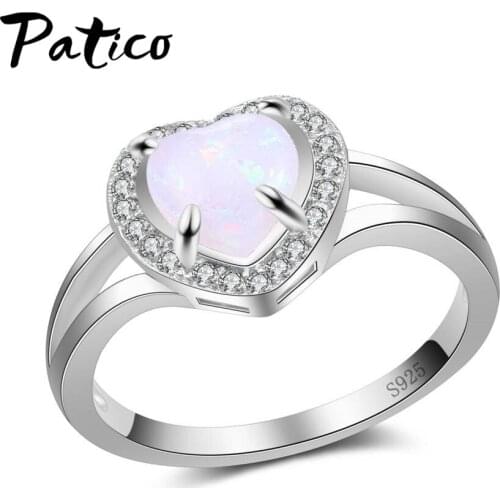 Bohemia Female White Hearts Opal Stone Ring Fashion Love Heart Ring Promise Wedding Engagement Rings For Women