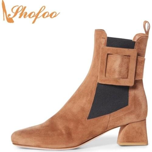 Brown Woman Square Toe Booties Chelsea Boots Flock Buckle Female High Chunky Heels Large Size 10 16 Ladies Fashion Shoes Shofoo