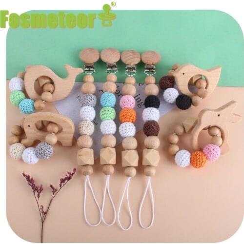 Fosmeteor 1set Baby Teether Beech Wooden Animal Crochet Beads DIY Customized Bracelet Pacifier Chain Baby Product Toys Gifts