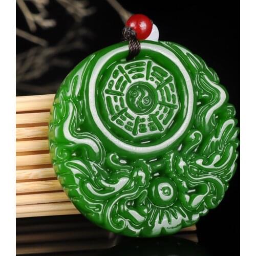 Chinese Green jade Hollow-out Taiji Bagua Dragon Pendant Necklace Charm Jewellery Fashion Accessories Hand-Carved woman Amulet