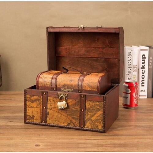 Classical Wooden Box Retro Creative Storage Box Antique Wooden Treasure Chest Ornaments Household Home Decoration Gifts