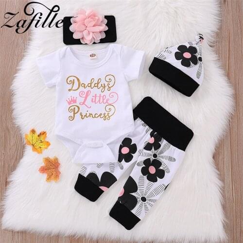 ZAFILLE Sunflower Baby Clothes Outfits "Daddys Little Princess" Bodysuit+Floral Pants Baby Girl Clothes Set 4pcs Child Suit