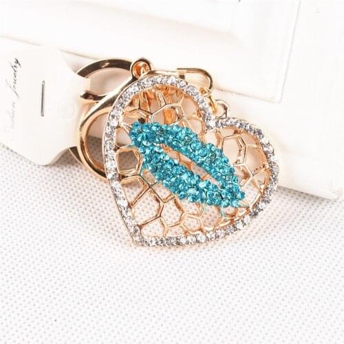 Love Sweet Heart Blue Kiss Lip New Cute Crystal Pendant Purse Bag Key Ring Chain Creative Wedding Party Best Delicate Gift
