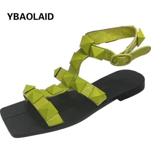 Fashion Rivet Rear Empty Flat Roman Sandals 2021 Summer New Solid Color Square Toe Open Toe One-word Buckle All-match Sandals