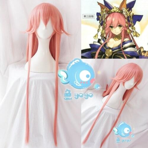 FGO Fate Grand Order EXTRA Tamamo No Mae Cosplay Wigs 150cm Long Pink Straight Synthetic Hair + Wig Cap