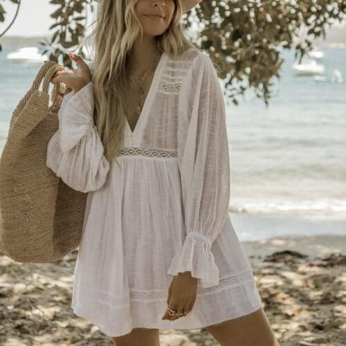 Sexy Beach Cover up Beachwear Lace Patchwork Pareos Dress V neck Beach Summer Dress Kaftan Swimsuit Cover up Sarong Beachwear
