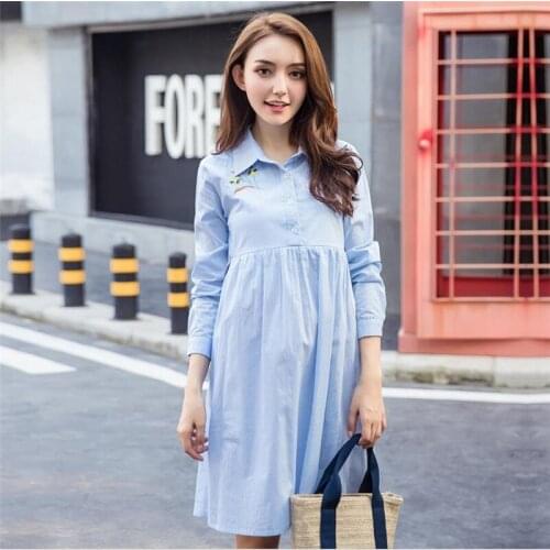 New maternity dress cotton Korean version of the lapel long sleeve breastfeeding dress striped high waist slim skirt