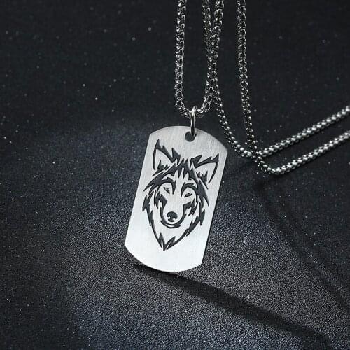 Punk Men Stainless Steel Wolf Head Dog Tag Pendant Necklace Amulet Animal Jewelry Hiphop Rock Gift