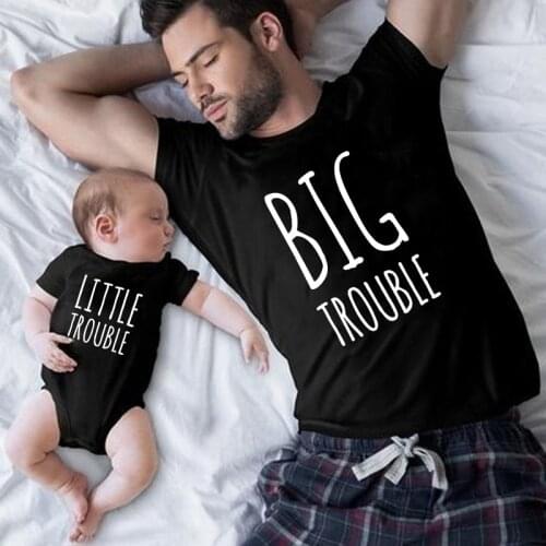 Family Tshirts father daddy big trouble and little trouble Son Kids Baby boy family matching clothes Summer Family look Outfits