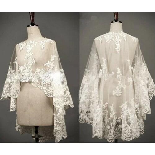 Wedding Cape Lace Hem Bridal Jackets Elegant Shawl White Ivory Shrugs For Bride Appliques Bride Wrap