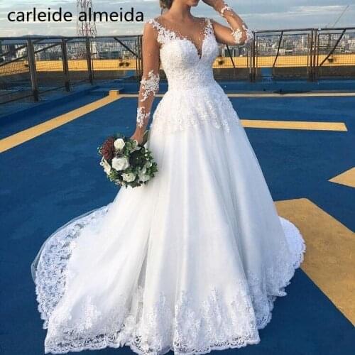 Vestidos de noiva A-Line O-Neck Long Sleeves Wedding Dress Lace Appliques Bride Dress Chapel Train Robe mariage Brautkleid