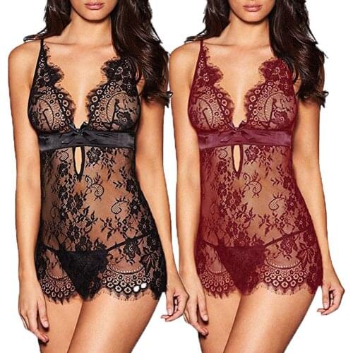 Woman Sexy Exotic Lingerie Female Lace See-through Hollow Out Dress Babydoll Underwear Nightwear Sleepwear Plus Size S-XL