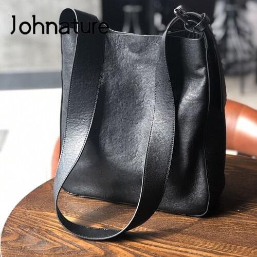 Johnature Leisure Women Big Bag 2021 New Genuine Leather Wide Belt Bucket Bag Soft First Layer Cowhide Versatile Shoulder Bag