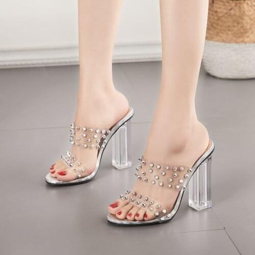 2020 New women transparent PVC sandals slippers women fashion rivets block high heels slide chunky mules wedding shoes size 42
