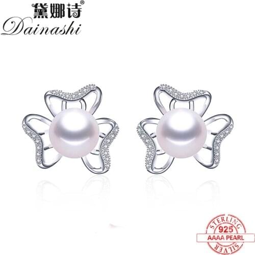 2020 New Fashion 100% Natural Freshwater Pearl Stud Earrings For Women Flower Zircon Fine Jewelry 925 Sterling Silver With Box