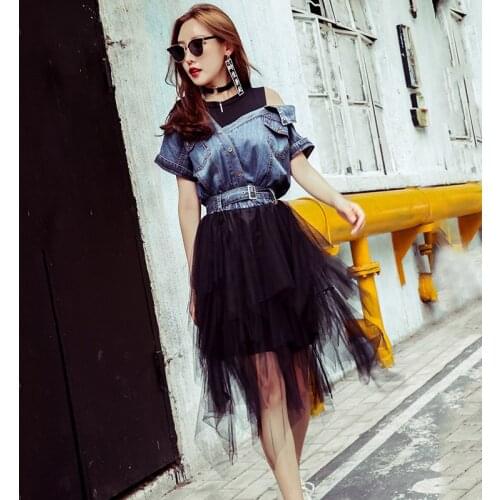 2020 Tulle Jean Mesh Spliced Dress With Belt New Women Open Shoulder Slim Dress High Waist Party Vestidos Bandage LT117S30