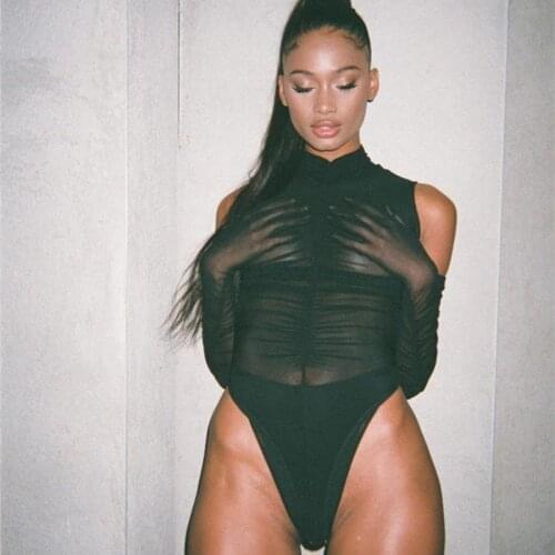 2021 Long Sleeve Turtleneck Solid Ruched Mesh See Through Sexy Bodysuit Autumn Winter Women Fashion Streetwear Romper