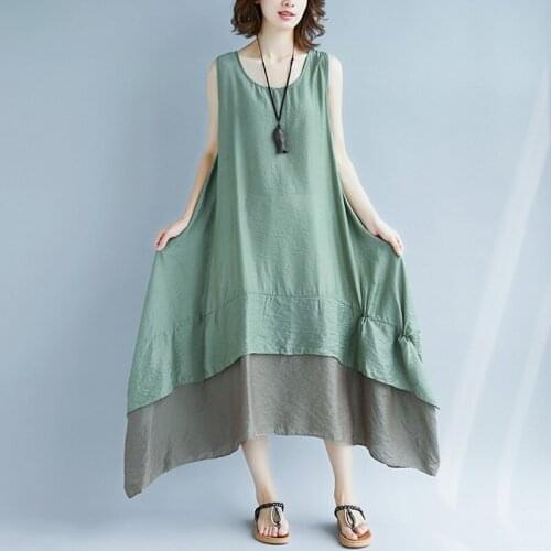 Women Summer Loose Casual Dress New Arrival 2021 Simple Style Patchwork Ruffles Female Sleeveless Holiday Dresses B335