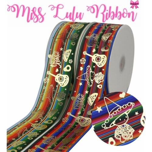3"75mm Mexico Festival Gold Foil Gradient Stripes Printed Grosgrain Ribbon DIY Party Decor Gift Packing Hairbow 50yards/roll