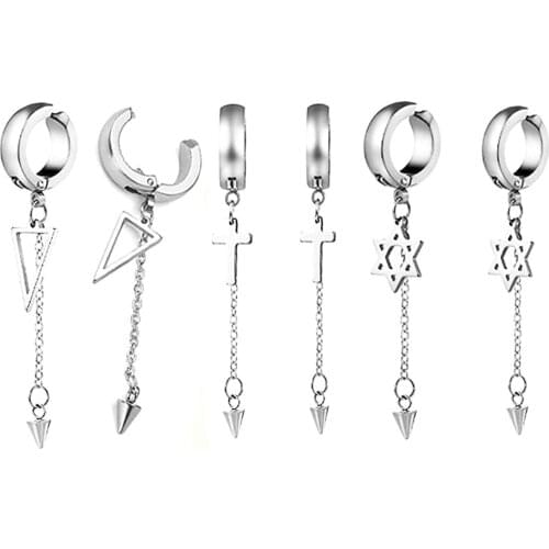 3 Pairs Stainless Steel No Piercing Hoop Earrings Non-Pierced Dangle Skull Cross Triangle Tassel Earrings for Men Women