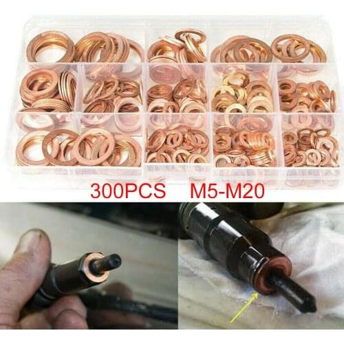300pcs Professional Assorted Copper Washer Gasket Set Flat Ring Seal Assortment Kit M5-M20 with Box For Hardware Accessories