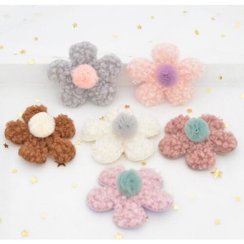 6Pcs Teddy Plush Pads Applique Chiffon Ball Stick-on Flower Patch for Clothes Hat Leggings Sewing Accessories DIY Hair Clips G13