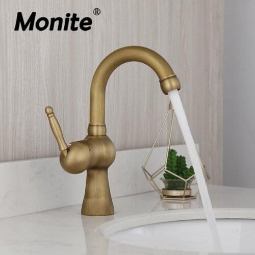 Monite Antique Brass Bathroom Faucet 1 Handle Swivel 360 Rotated Spout Basin Sink Mixer Faucet Hot & Cold Water Mixer Faucet