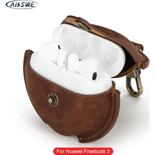 AIKSWE Genuine Leather Bluetooth Earphone Case Strap Cover For Huawei Freebuds 3 Protector Case Headset Accessories With Hook
