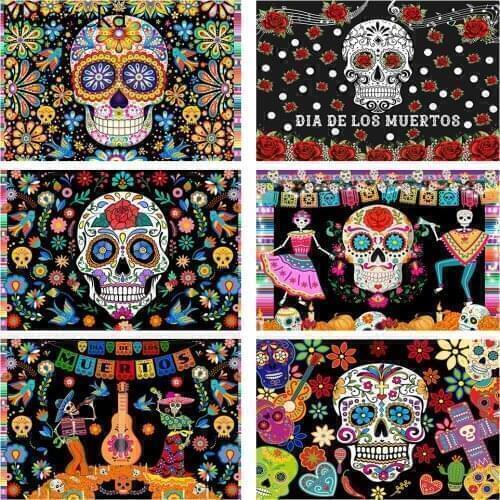 Day of the Dead Backdrop Flowers Sugar Skull Mexican Fiesta Party Background Decorations Dia DE Los Muertos Portrait Photography