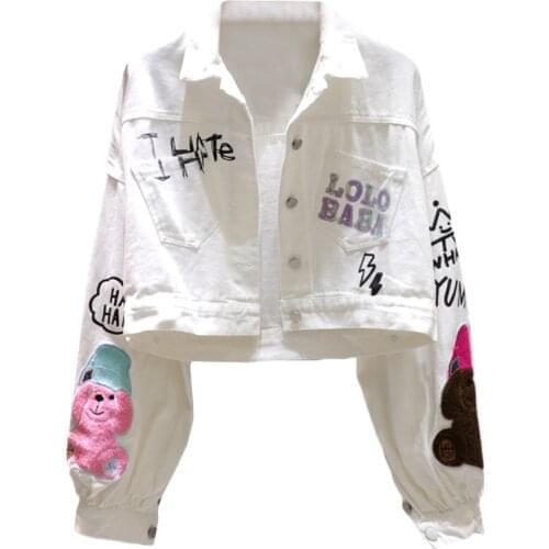 Jeans Jacket Women Cartoon bear Sequins Fashion White Denim Jacket Loose Short Coat Female Letter Print Casual Jeans Coat