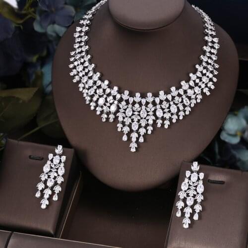 Janekelly 2pcs Bridal Zirconia Full Jewelry Sets For Women Party, Luxury Dubai Nigeria CZ Crystal Wedding necklace sets